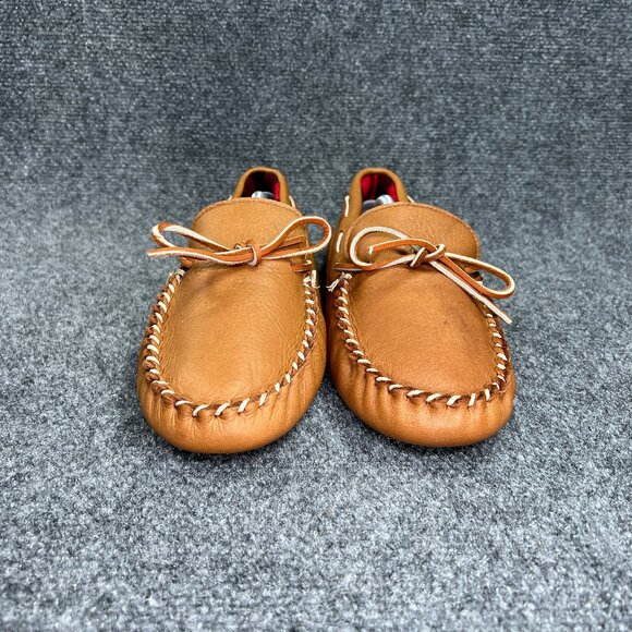 L.L. Bean Moccasin Slippers Men's 12 Brown Leather Fleece Lined Slip On Shoes - Picture 2 of 10
